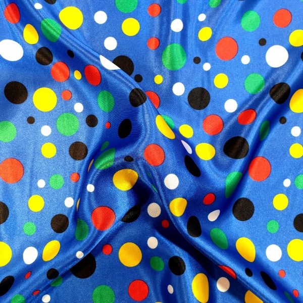 Multi Coloured Polkadots on Blue Satin